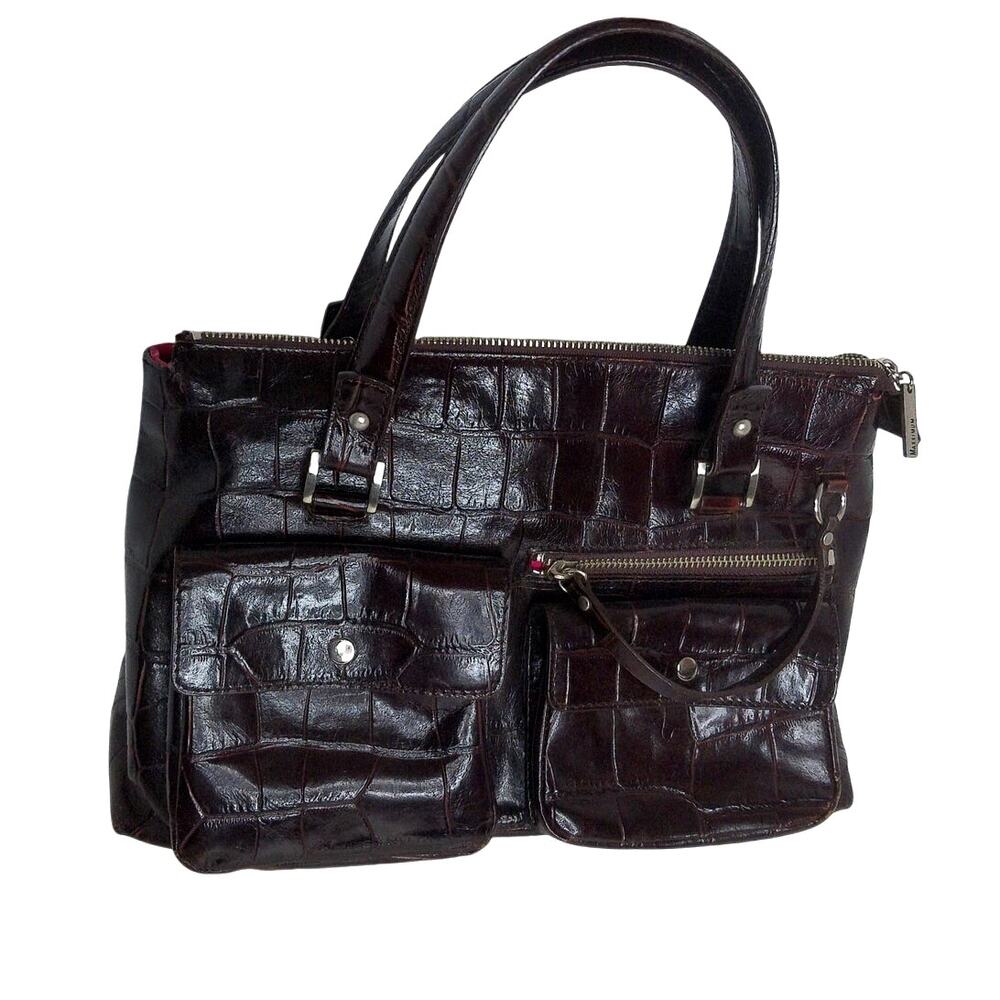 Vintage Maxximum Dark Brown Croc-Embossed Leather Shoulder Bag Hot Pink Y2K